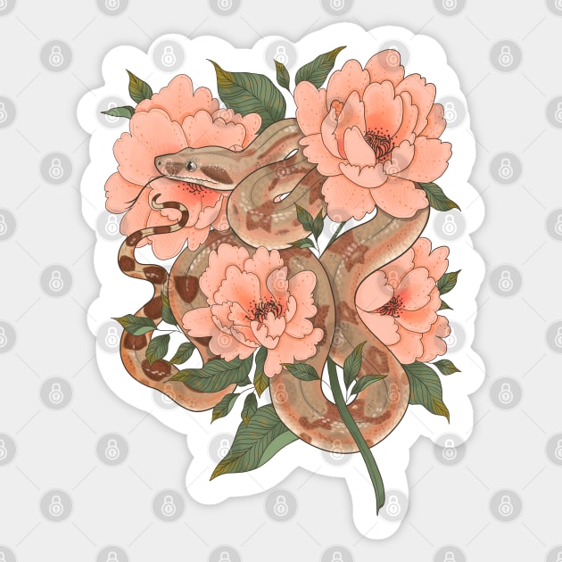 Peaches the Boa constrictor with Peonies Sticker by starrypaige